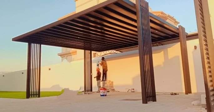 Outdoor pergola installation in progress